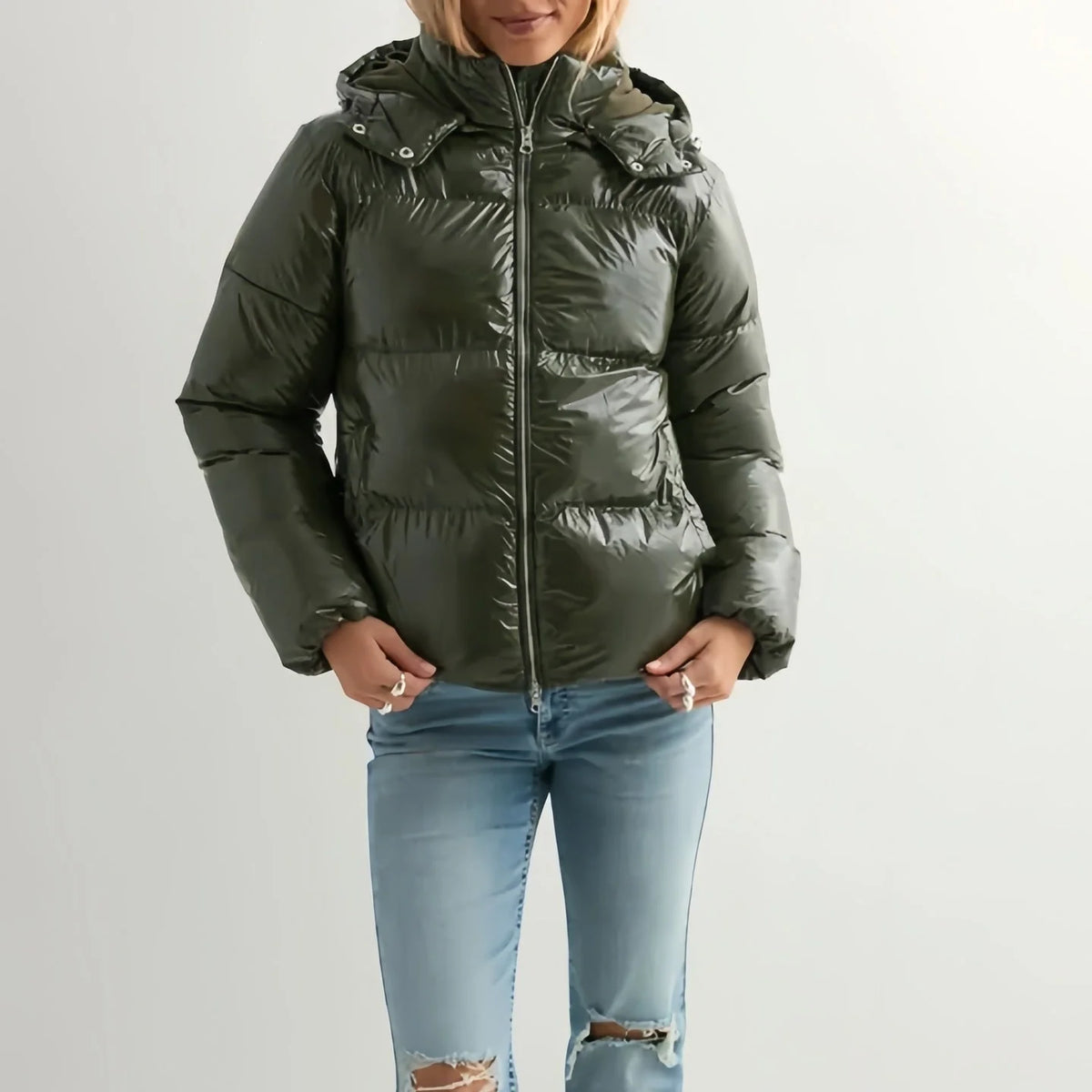 Women's Down Jacket Lightweight Adjustable Hood Glossy Finish