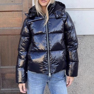 Women's Down Jacket Lightweight Adjustable Hood Glossy Finish