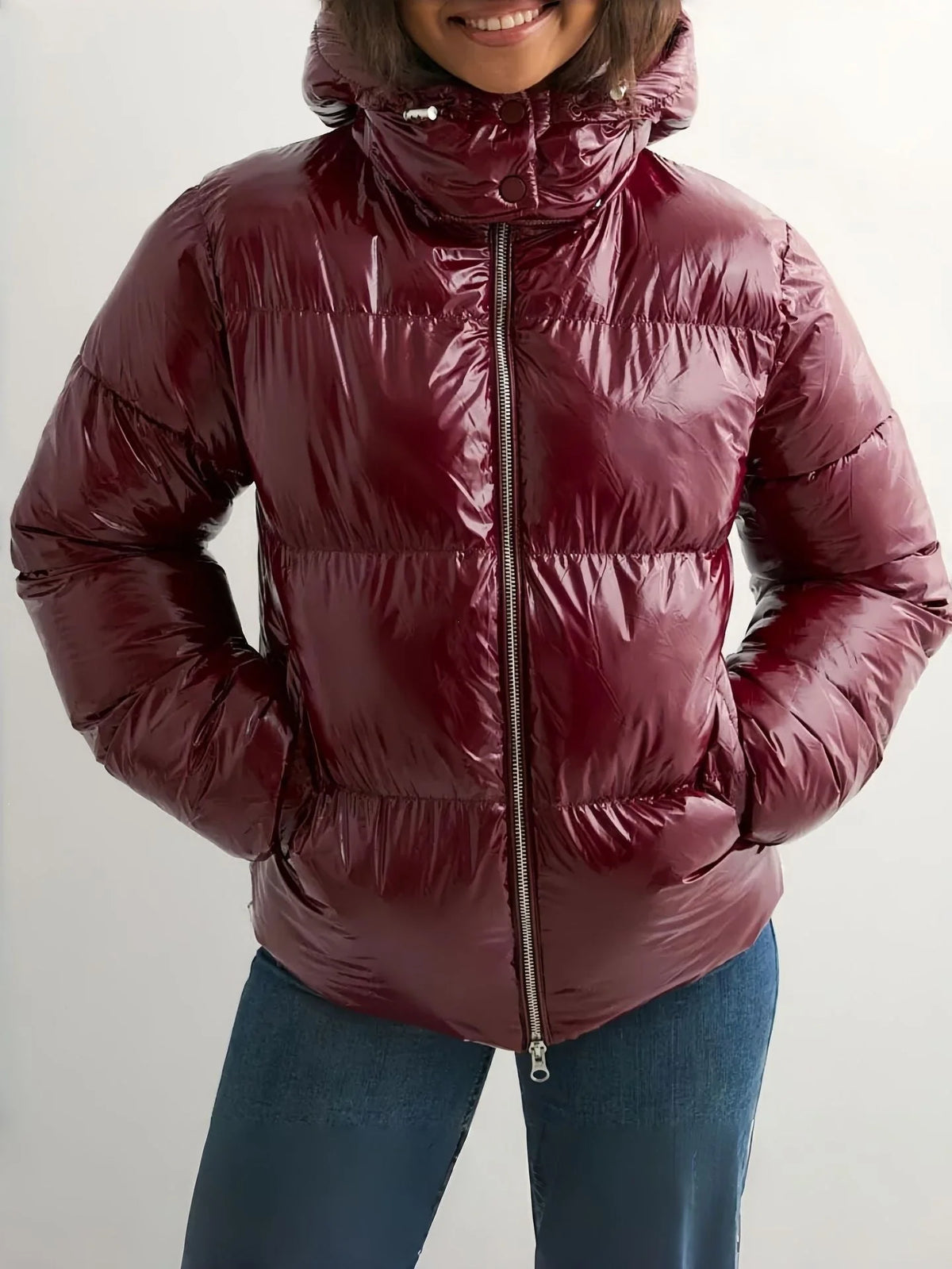 Women's Down Jacket Lightweight Adjustable Hood Glossy Finish