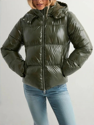 Women's Down Jacket Lightweight Adjustable Hood Glossy Finish