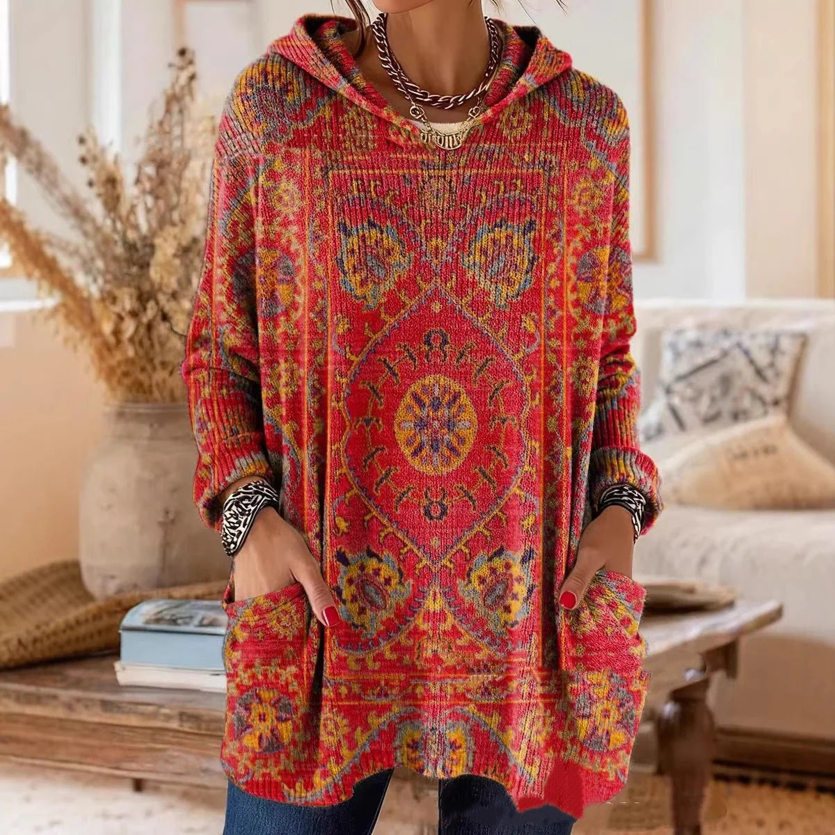 Women's Hooded Tunic Bohemian Print Relaxed Fit Long Sleeves