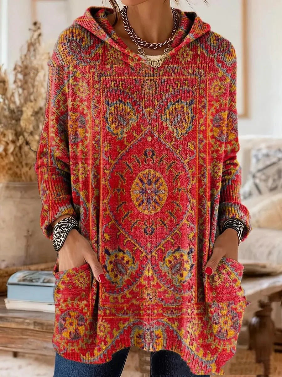 Women's Hooded Tunic Bohemian Print Relaxed Fit Long Sleeves