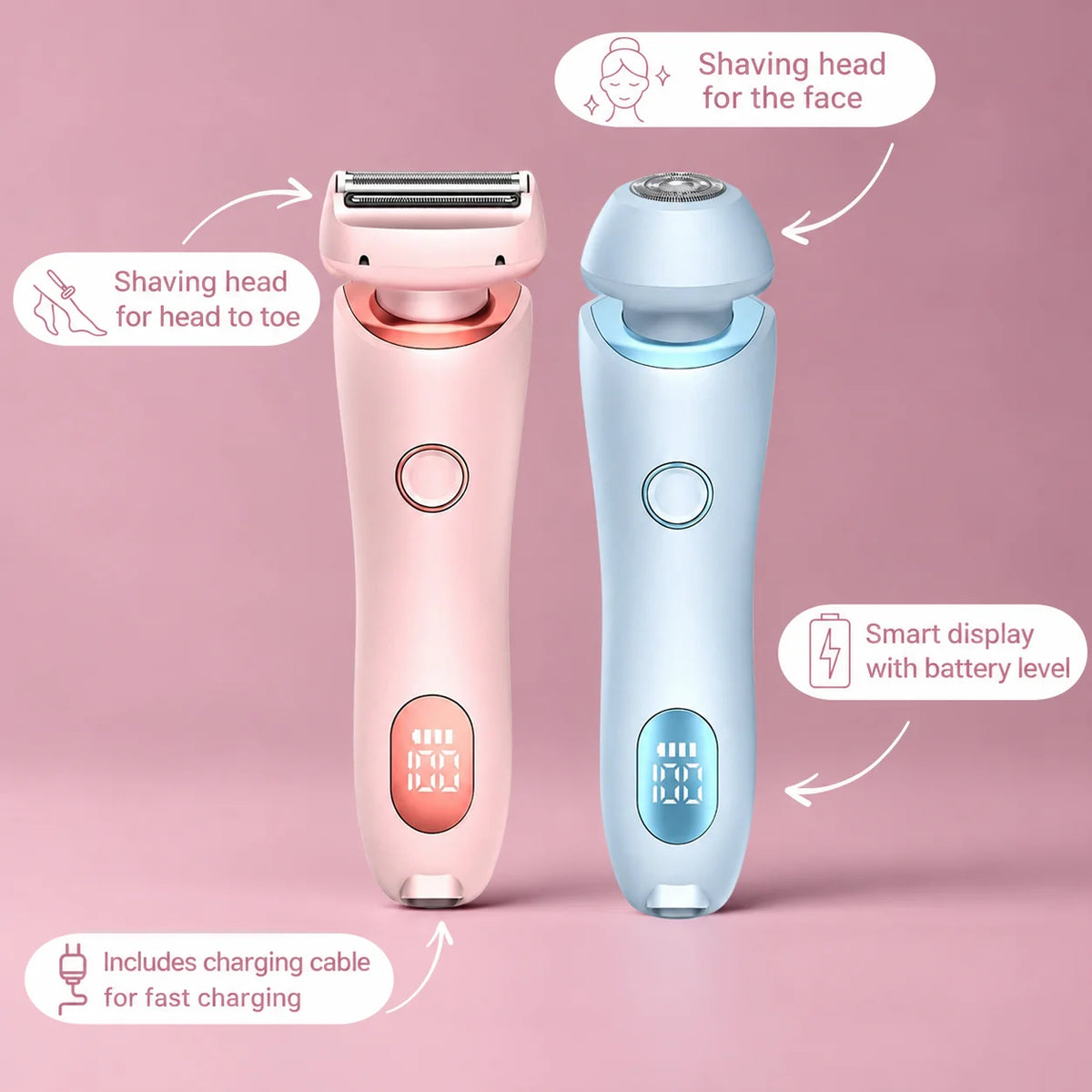 Women's Intimate Shaver Interchangeable Heads Cordless Wet & Dry