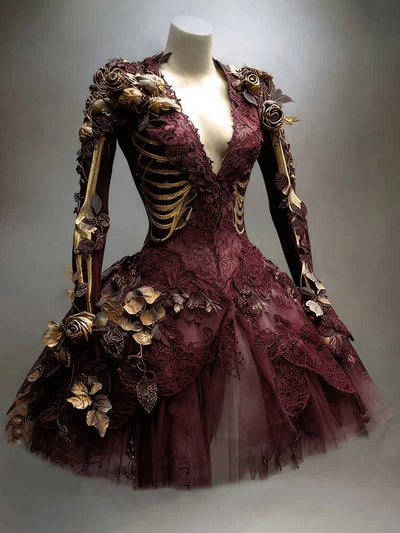 Women's Mini Dress Long Sleeve Skeleton Floral Details Tiered Skirt