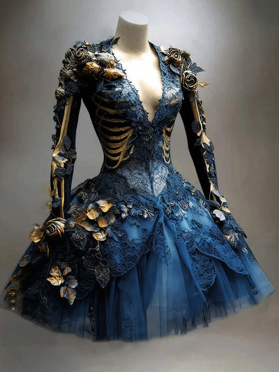 Women's Mini Dress Long Sleeve Skeleton Floral Details Tiered Skirt