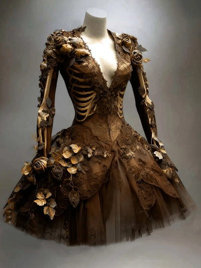 Women's Mini Dress Long Sleeve Skeleton Floral Details Tiered Skirt