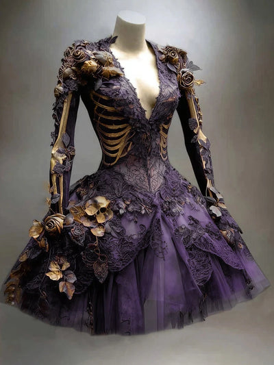 Women's Mini Dress Long Sleeve Skeleton Floral Details Tiered Skirt
