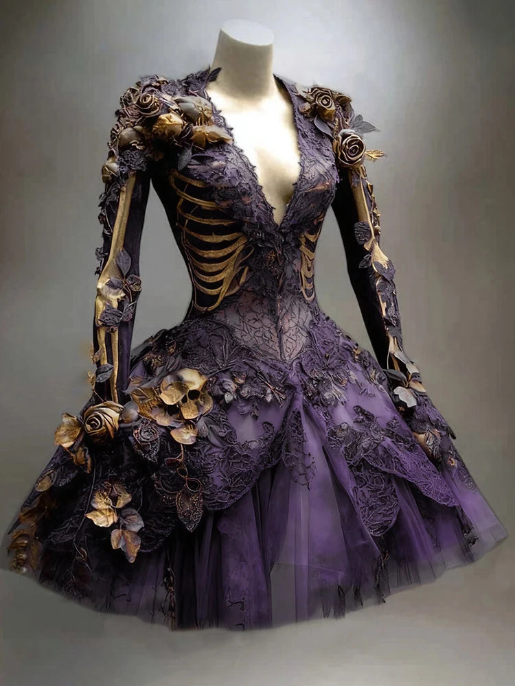 Women's Mini Dress Long Sleeve Skeleton Floral Details Tiered Skirt