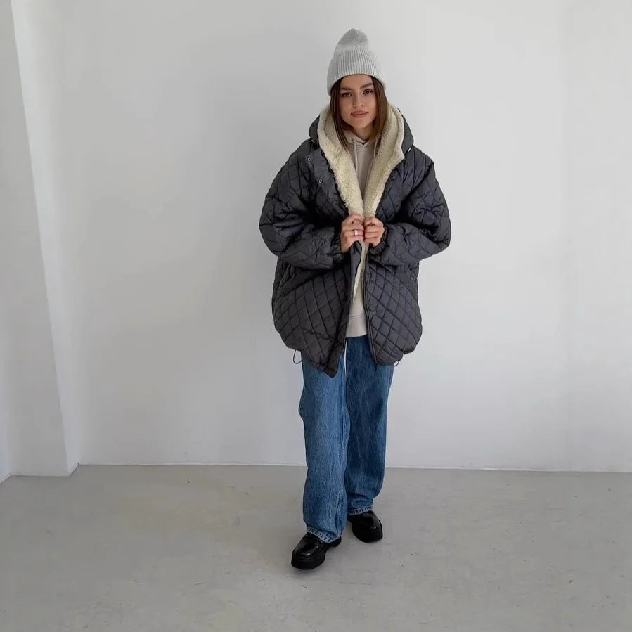 Women's Quilted Jacket Teddy Fleece Lined Oversized Hooded Fit