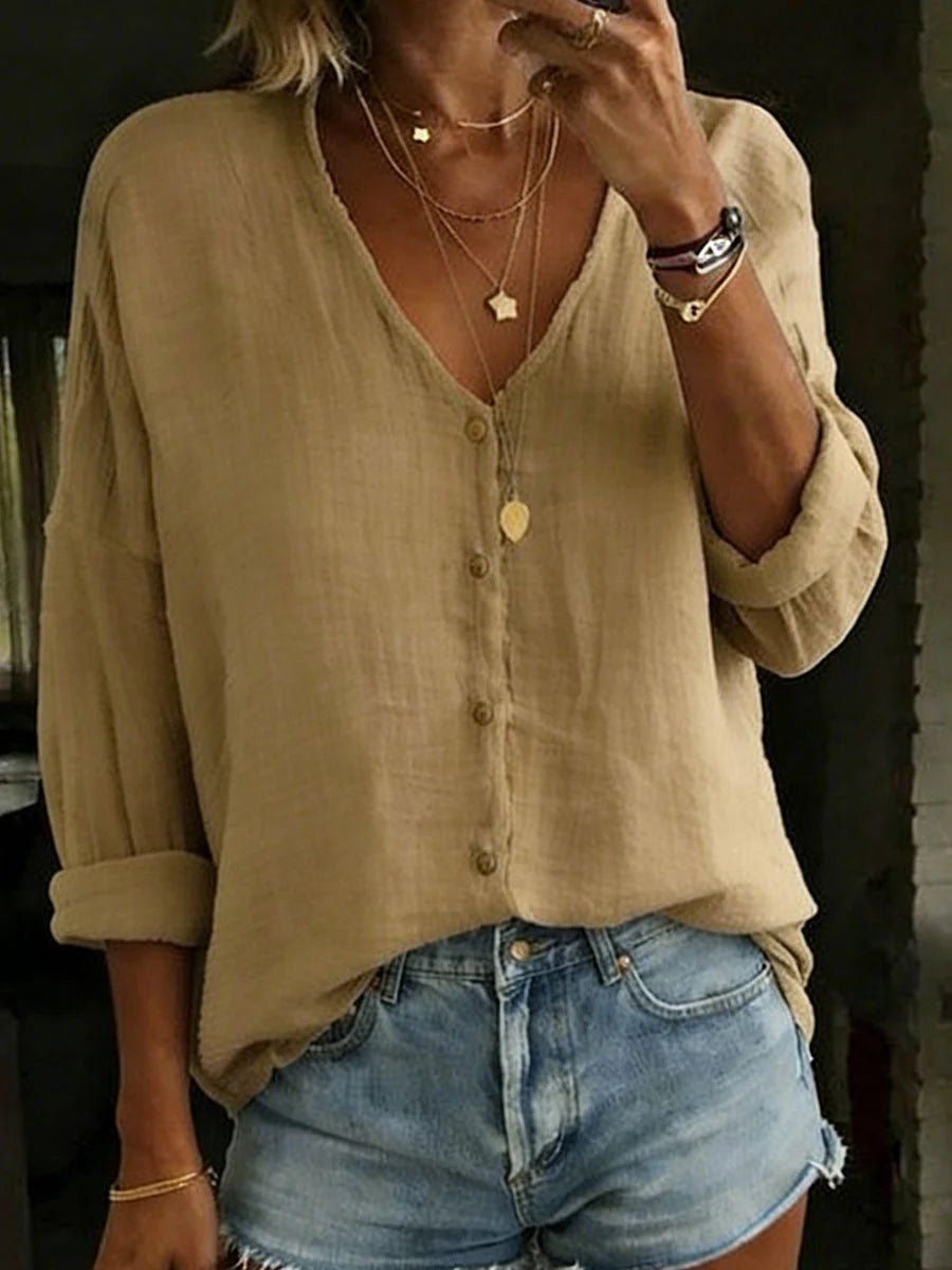 Women's Shirt Cotton-Linen Blend V-Neck Long Sleeve