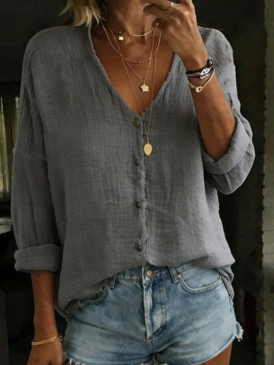 Women's Shirt Cotton-Linen Blend V-Neck Long Sleeve