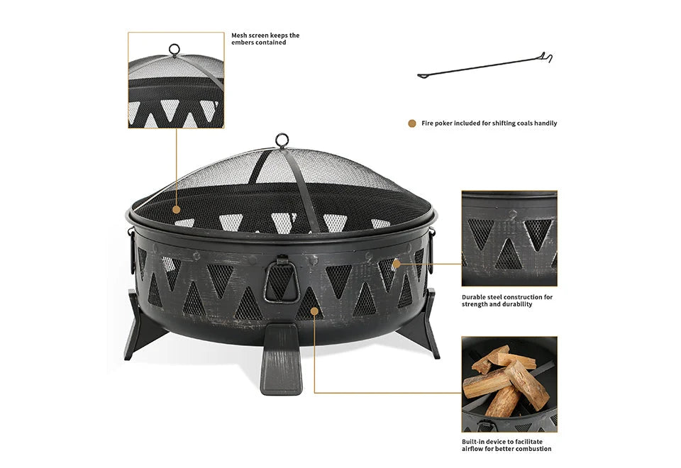 Wood-Burning Fire Pit Steel 30-Inch Bowl with Spark Screen & Poker