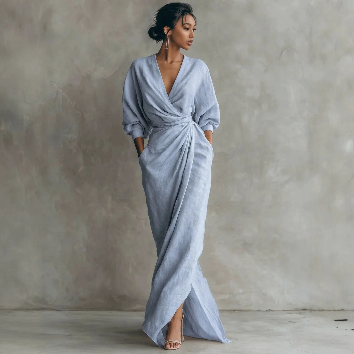 Wrap Maxi Dress Linen Blend Deep V-Neck