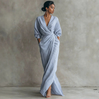 Wrap Maxi Dress Linen Blend Deep V-Neck