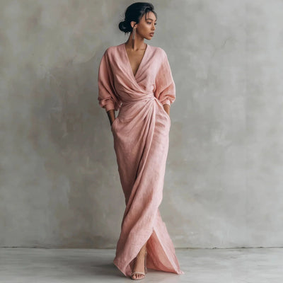 Wrap Maxi Dress Linen Blend Deep V-Neck