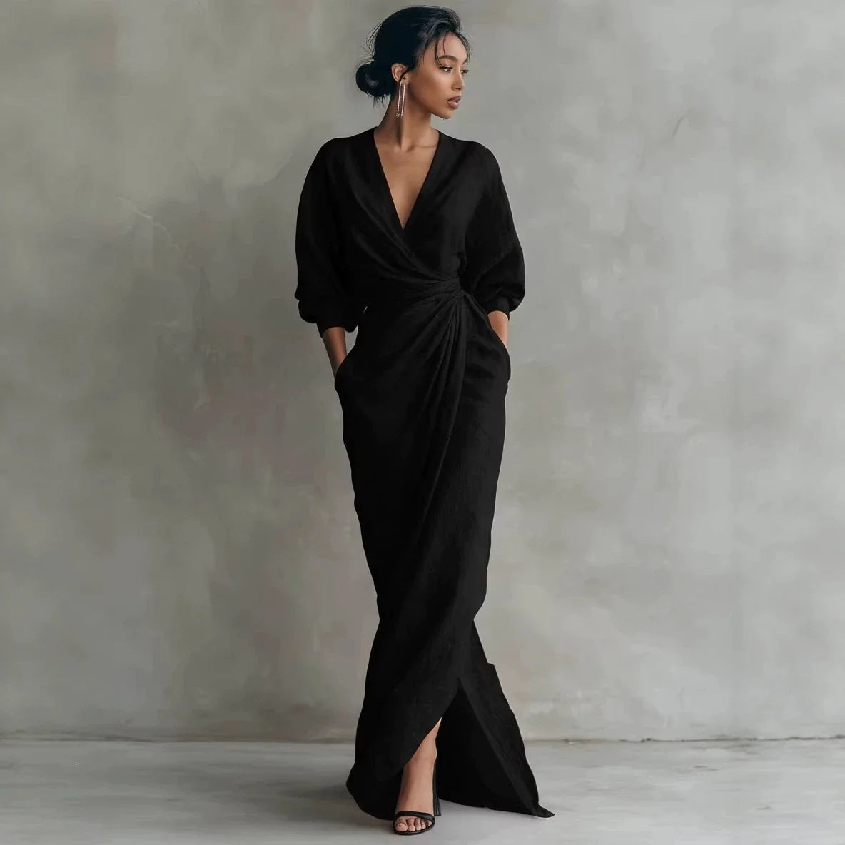 Wrap Maxi Dress Linen Blend Deep V-Neck