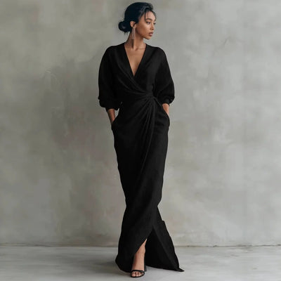 Wrap Maxi Dress Linen Blend Deep V-Neck