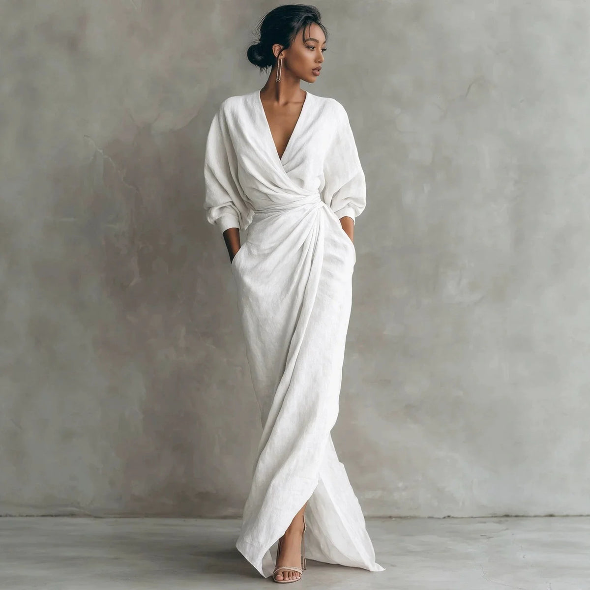 Wrap Maxi Dress Linen Blend Deep V-Neck