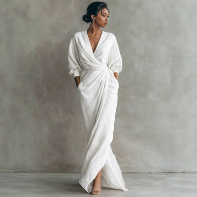 Wrap Maxi Dress Linen Blend Deep V-Neck
