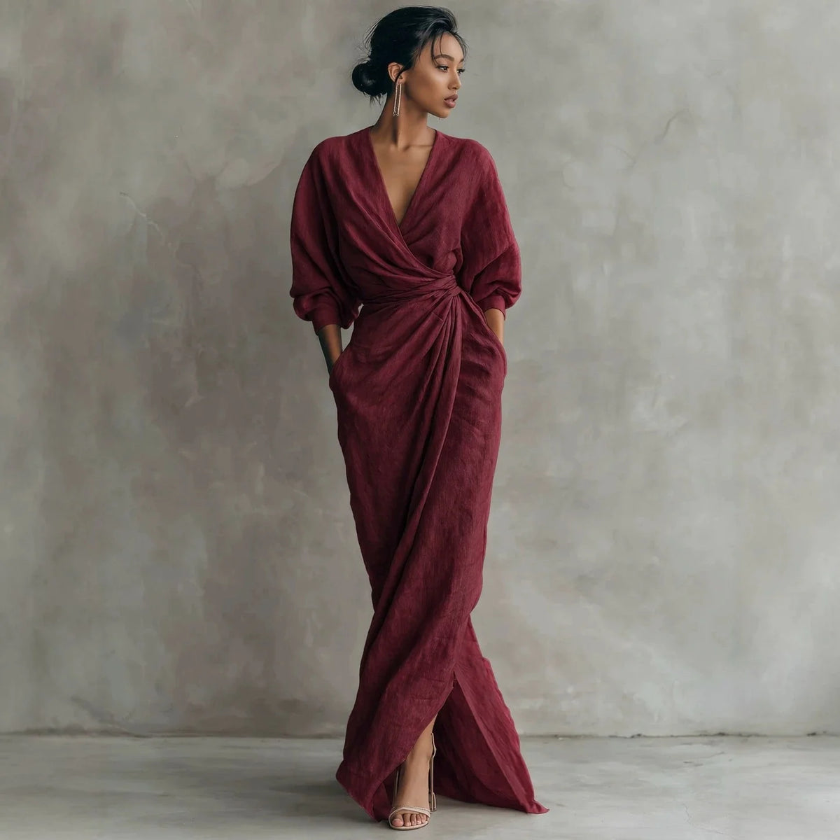 Wrap Maxi Dress Linen Blend Deep V-Neck