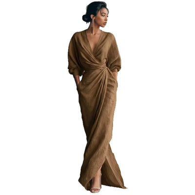 Wrap Maxi Dress Linen Blend Deep V-Neck