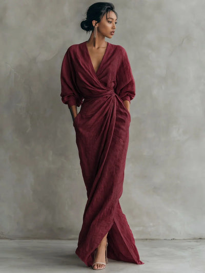 Wrap Maxi Dress Linen Blend Deep V-Neck
