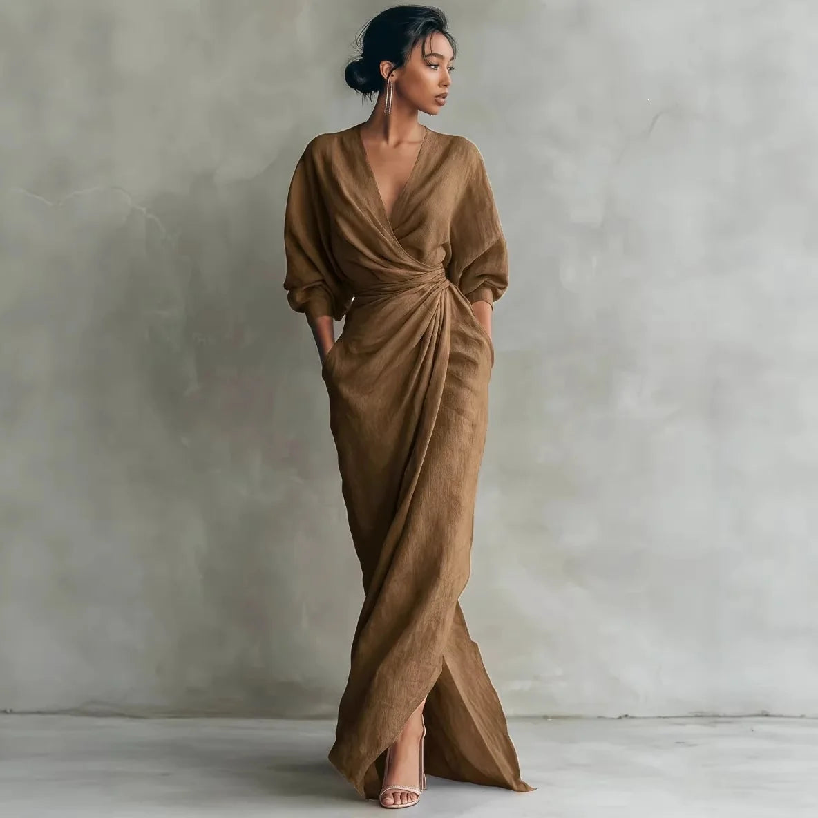 Wrap Maxi Dress Linen Blend Deep V-Neck