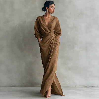 Wrap Maxi Dress Linen Blend Deep V-Neck