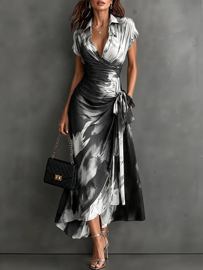 Wrap Midi Dress Abstract Print Tie Waist Ruffled Hem