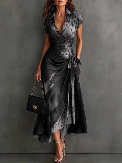 Wrap Midi Dress Abstract Print Tie Waist Ruffled Hem