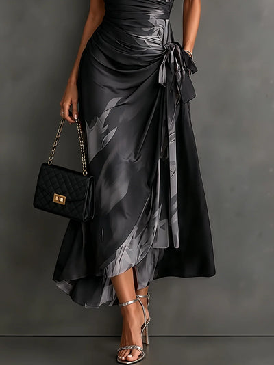 Wrap Midi Dress Abstract Print Tie Waist Ruffled Hem