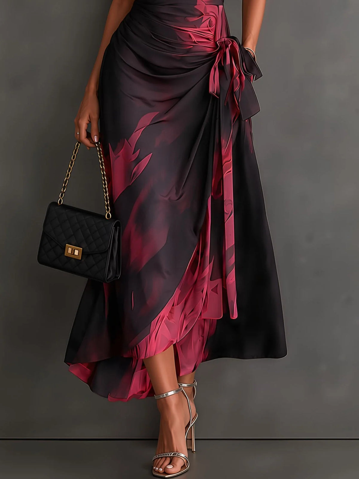 Wrap Midi Dress Abstract Print Tie Waist Ruffled Hem
