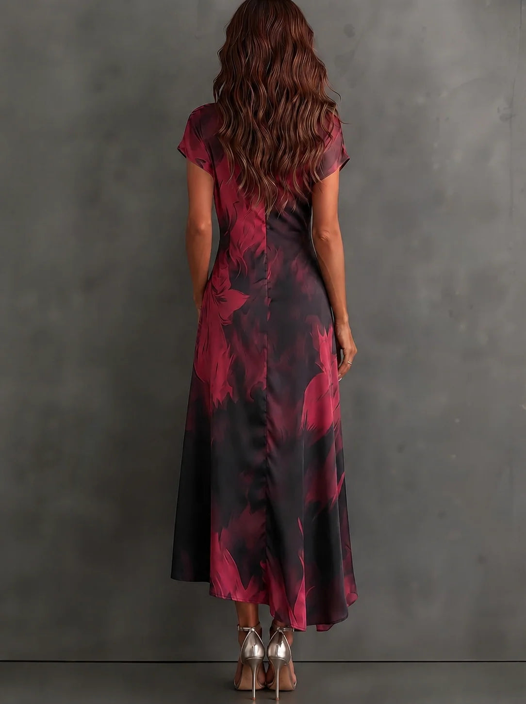 Wrap Midi Dress Abstract Print Tie Waist Ruffled Hem