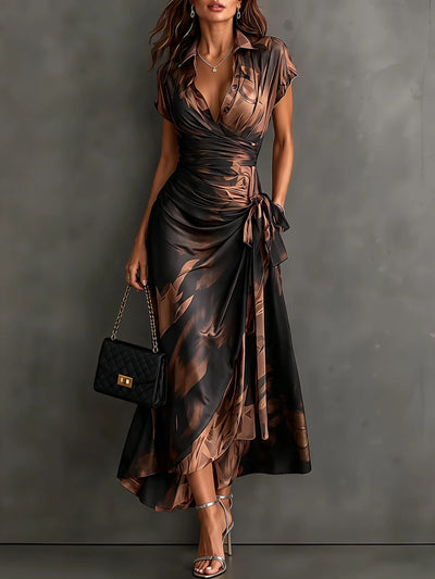 Wrap Midi Dress Abstract Print Tie Waist Ruffled Hem